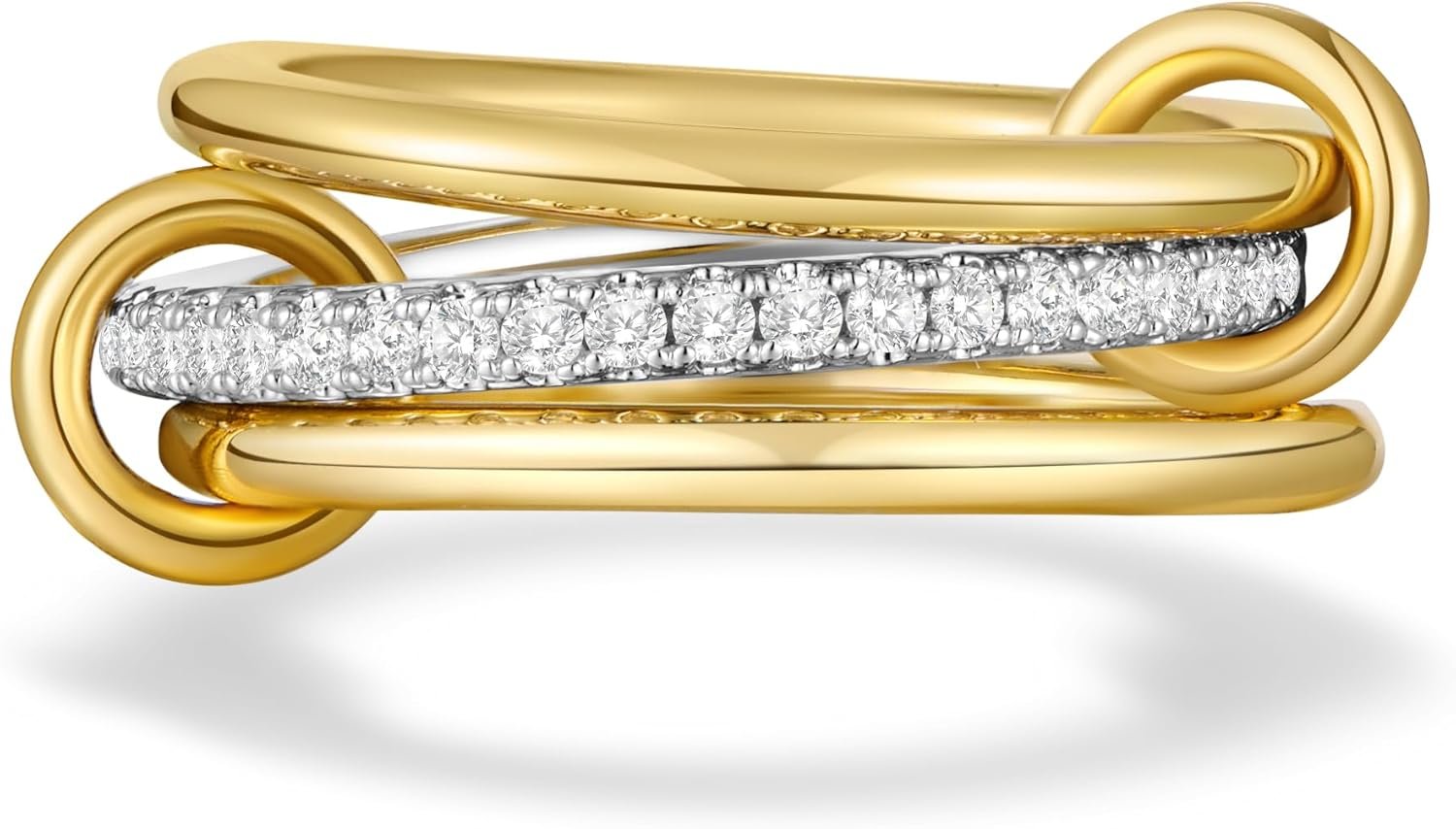 AllenCOCO 14K Gold Plated Stackable Rings, 3 Ring Set with CZ Cubic Zirconia, Gold & Silver Stacked, Interlocking Band for Women Statement