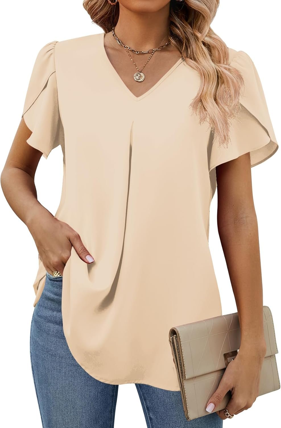Funlingo Women’s Summer Tops Short Sleeve Dressy Chiffon Blouses V Neck Work Tunic Tops Casual Loose T-Shirts