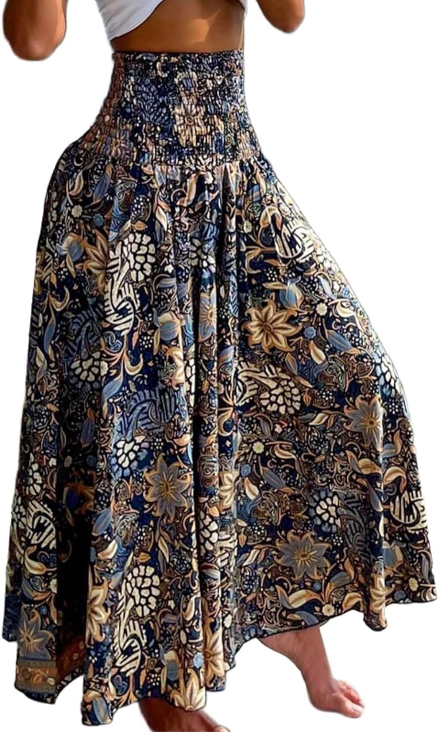 CHICME Boho Floral Shirred High Waisted Wide Leg Pants Flowy Palazzo Pants Summer Beach Vacation Wear