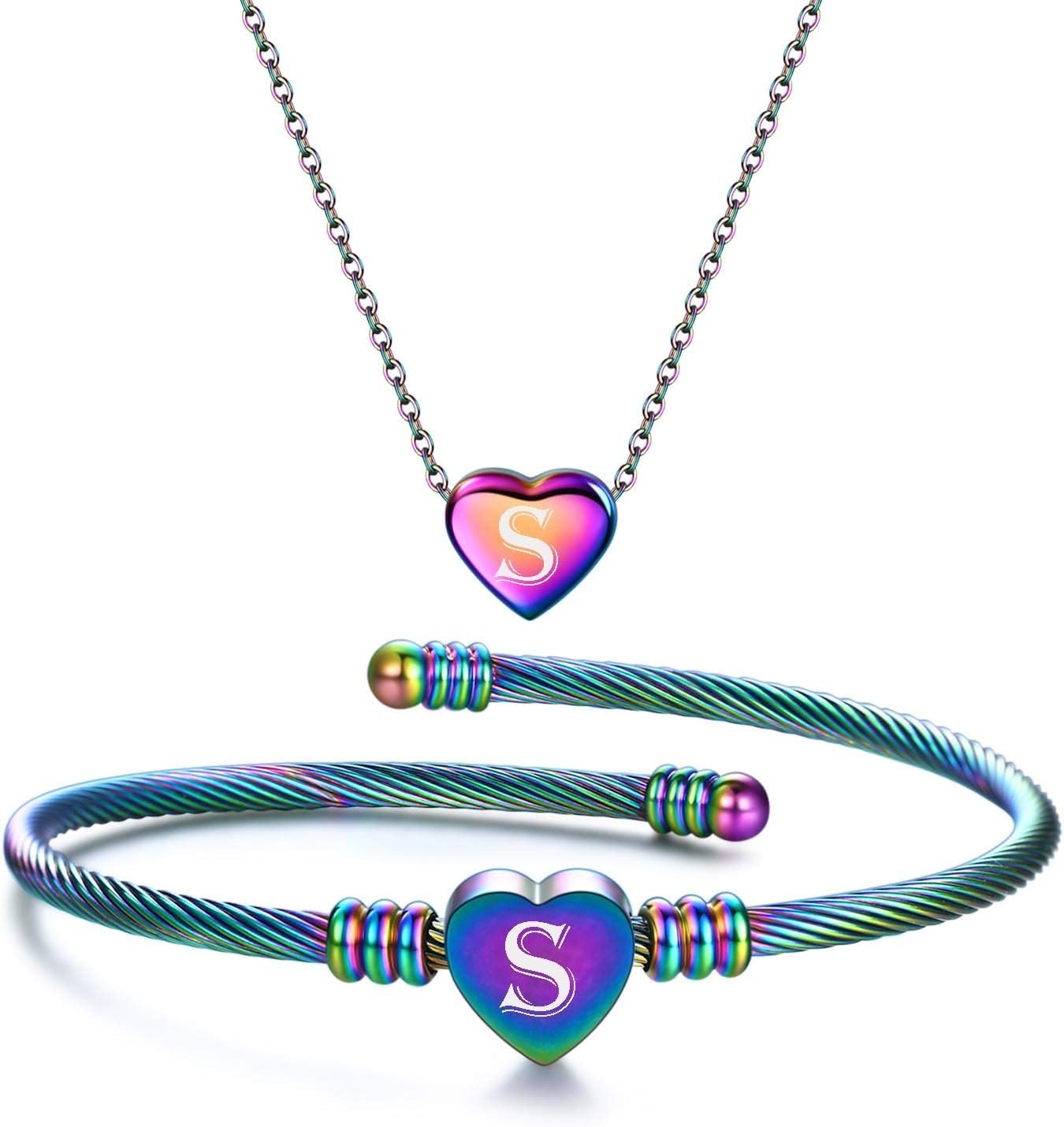 MYNENEY NIBASTAR Heart Name Necklace and Bracelet for Women Stainless Steel A-Z letters Initial Statement Jewelry Set for Mother’s Day
