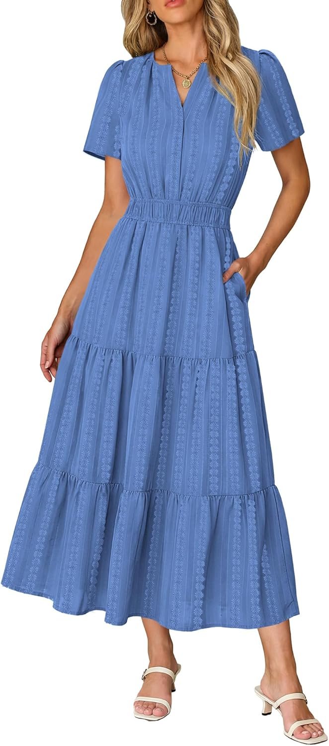 RUMIA Women Casual Midi Maxi Dresses Short Sleeve V Neck Elastic Waist Vacation Dress Pockets（S-2XL