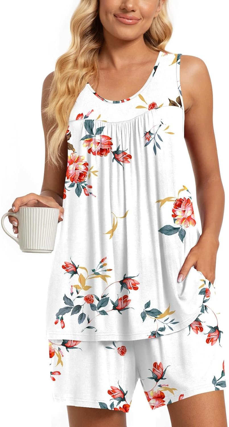 TAOHUADAO 2 Piece Women’s Sleeveless Pajama Sets, Lounge Sleepwear Ladies Pjs Sets with Pockets