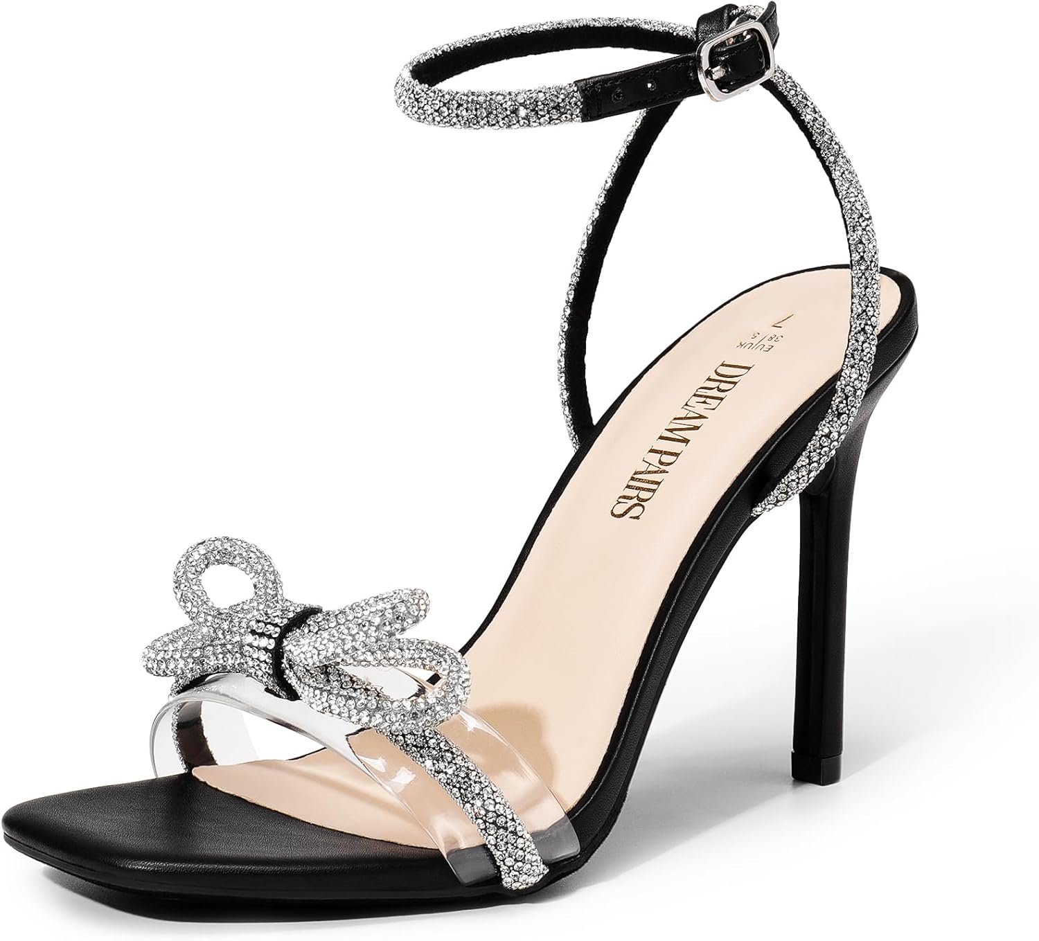 DREAM PAIRS Women’s Double Bowknots Crystal Sandals Clear Slingback Heels Square Toe Shoes for Party Wedding