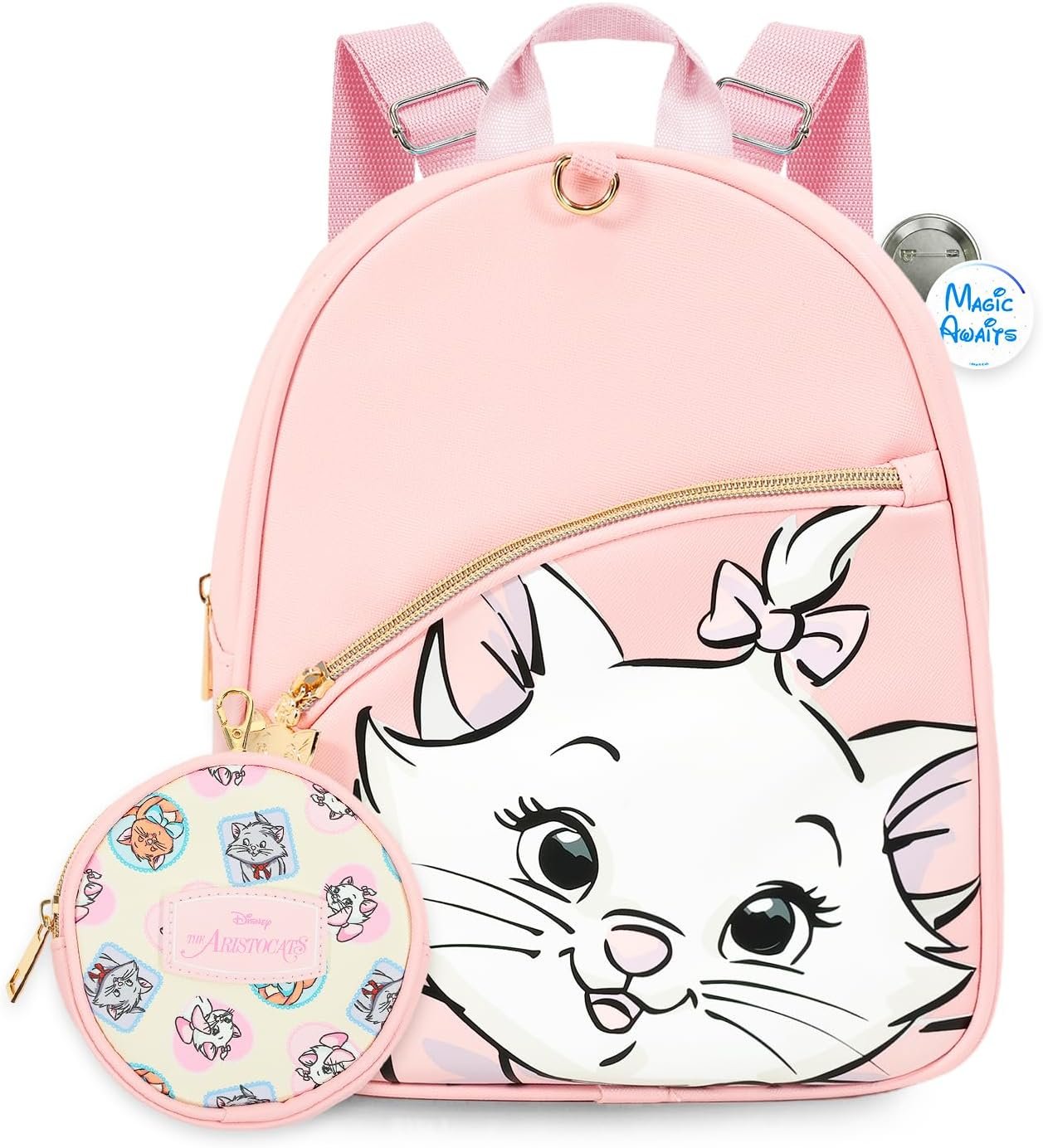 Disney Aristocats Mini Backpack – 10″ Exclusive Faux Leather Small Backpack with Front Pocket and Button Bundle | Adjusts to Fit Women, Teens, Girls, Kids