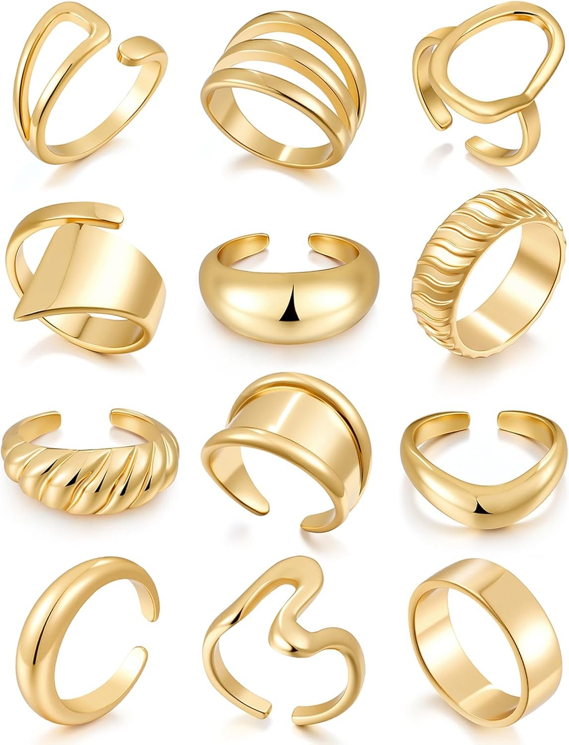 17 MILE Chunky Gold Stackable Rings for Women Non Tarnish, 18K Gold-Plated Statement Open Stacking Rings, Knuckle Band Ring Set