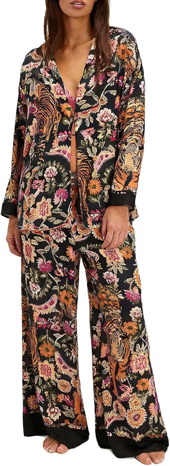 Women Satin Pajama Set Floral Silk Pajamas 2 Piece Lounge Sets Button Down Shirts Wide Leg Pants Pjs Sleepwear