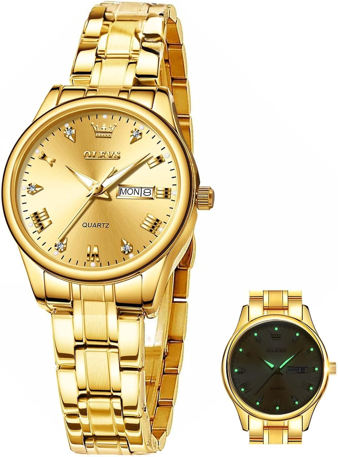 OLEVS Gold Watch for Women with Date Day Stainless Steel Waterproof Small Face Quartz Analog Ladies Watches Fashion Gold Black White Dial Female Wristwatch