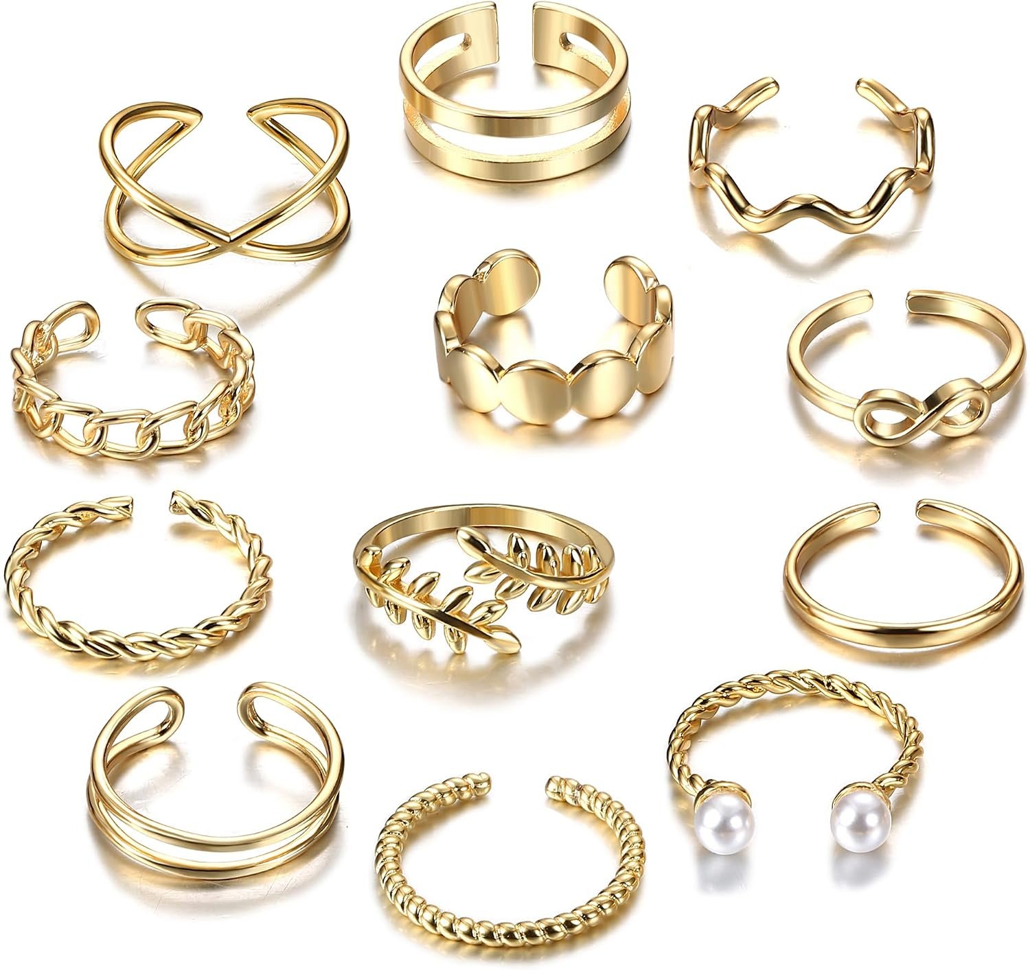 IRONBOX 12 Pcs Adjustable Knuckle Rings for Women 14K Gold Plated Stacking Rings Pack Wave Star Moon Dainty Thumb Open Rings Set