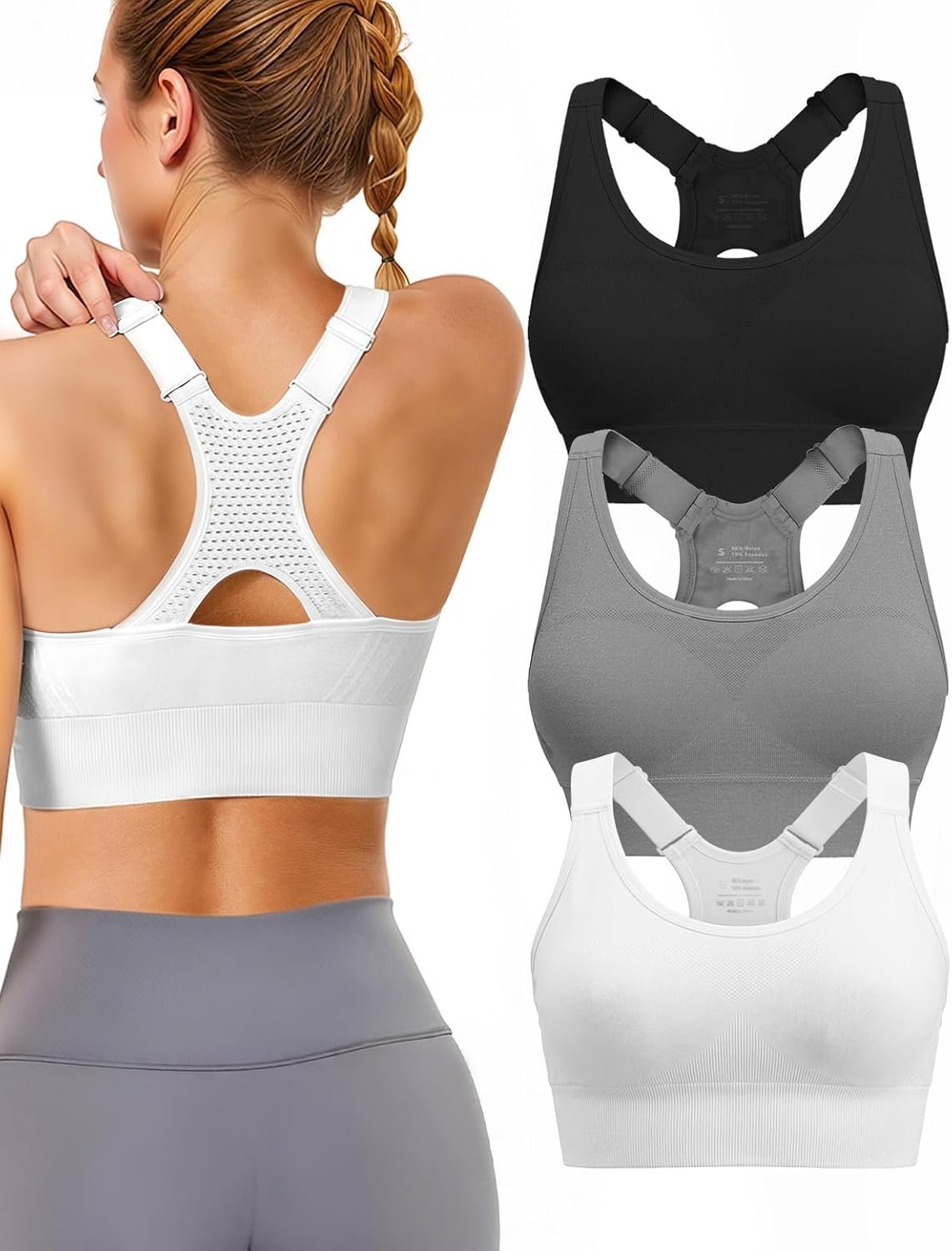Adjustable Sports Bras for Women: 3 Pack High Support Padded Racerback Sport for Large Bust Workout Running Gym