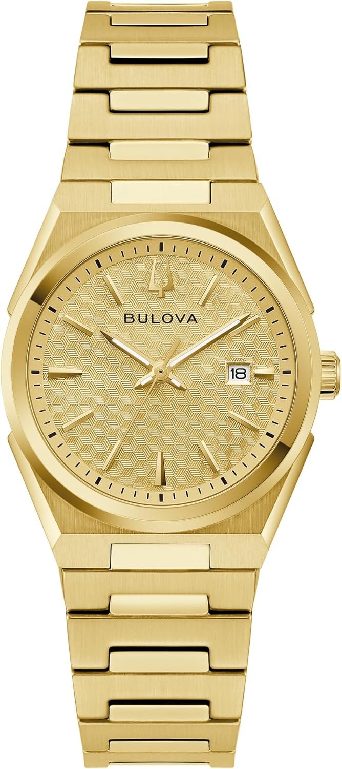 Bulova Ladies Dress Classic 3-Hand Calendar Date Quartz Watch, Stainless Steel Bracelet, Patterned Dial, 28mm