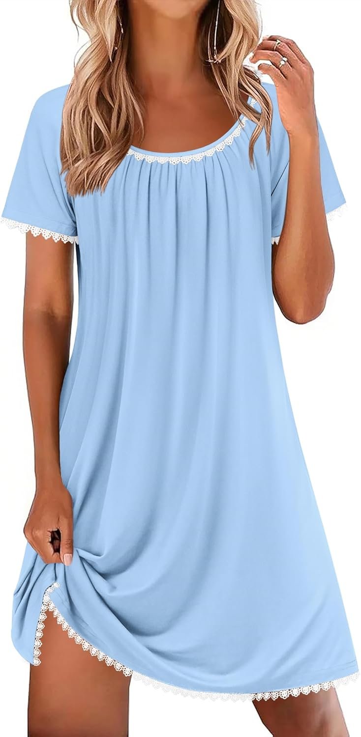 Ekouaer Cotton Nightgowns for Women Lace Trim Sleep Shirts Short Sleeve Night Shirts Sleep Dress with Pockets