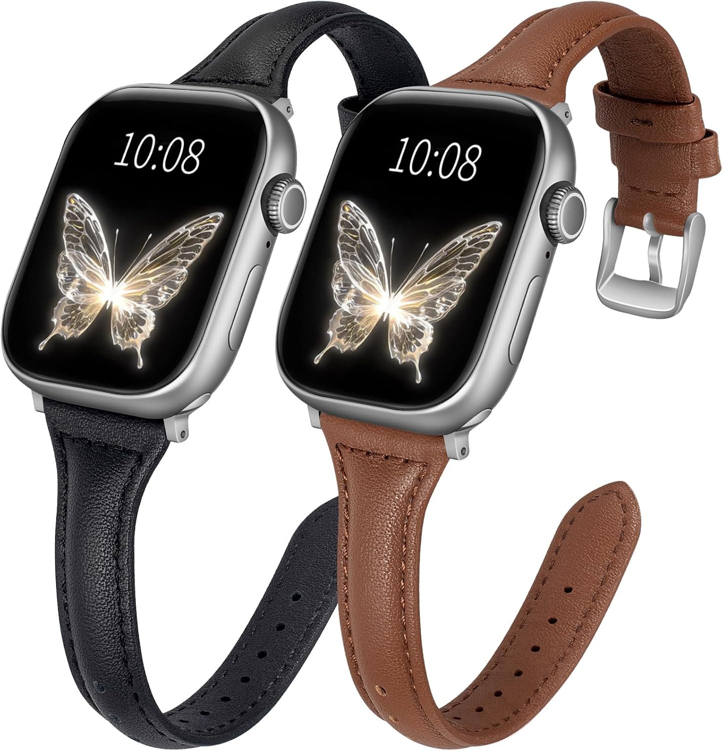 2 pack Slim Leather Bands Compatible with Apple Watch Band 38mm 40mm 41mm 42mm 44mm 45mm 46mm 49mm Women,Top Layer Genuine Leather Strap for iWatch Series 11/10/9/8/7/6 5/4/3/2/1/SE/Ultra