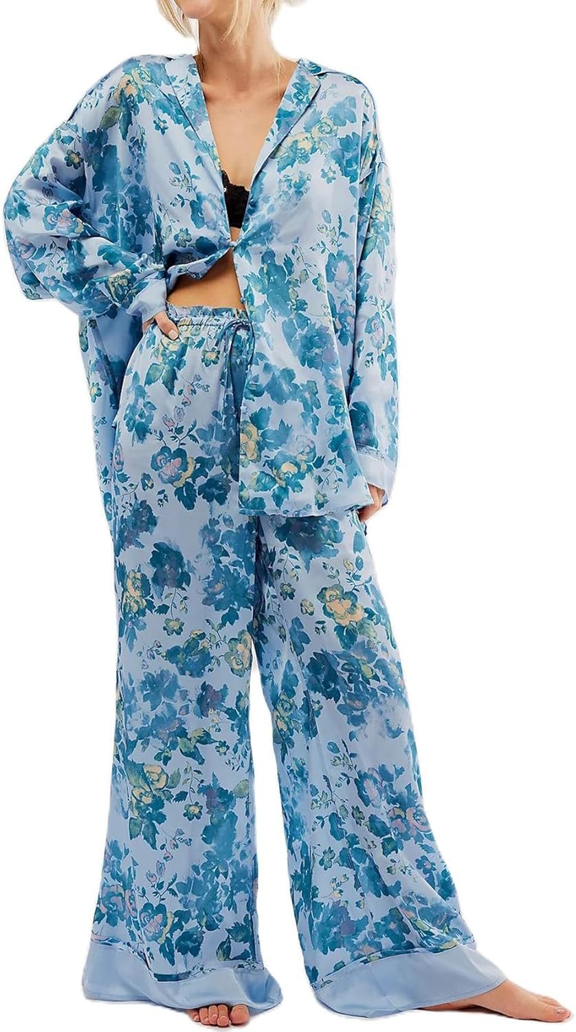 Arssm Satin Pajama Set for Women Silk Pajamas Set 2 Piece Floral Pj Set Long Sleeve Button Down Pjs Sleepwear