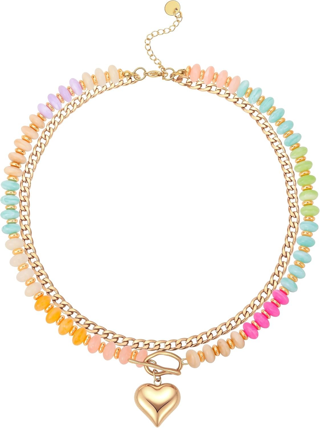 Colorful Beaded Layered Necklaces for Women Multicolor Acrylic Beaded Choker With Guba Chian Stack Cute 18k Gold Plated Heart Pendant OT Clasp Design, Summer Beach Boho Statement Jewelry