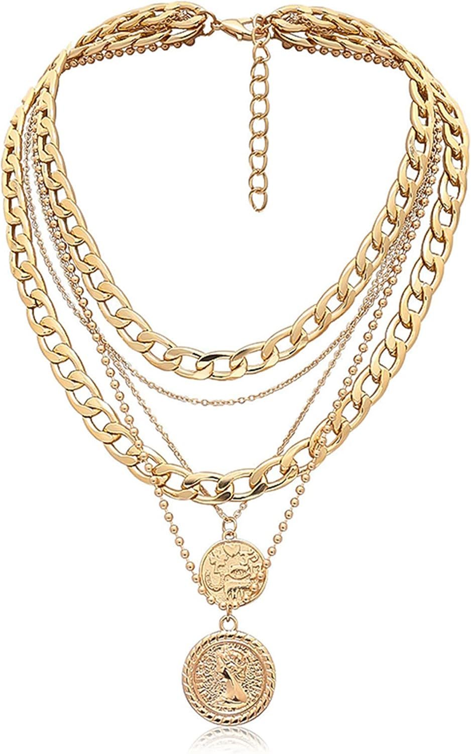 MJartoria Layered Necklaces for Women Trendy Retro Coin Pendant Necklace Dainty Chunky Chain Choker Necklaces for Jewelry Birthday Gifts