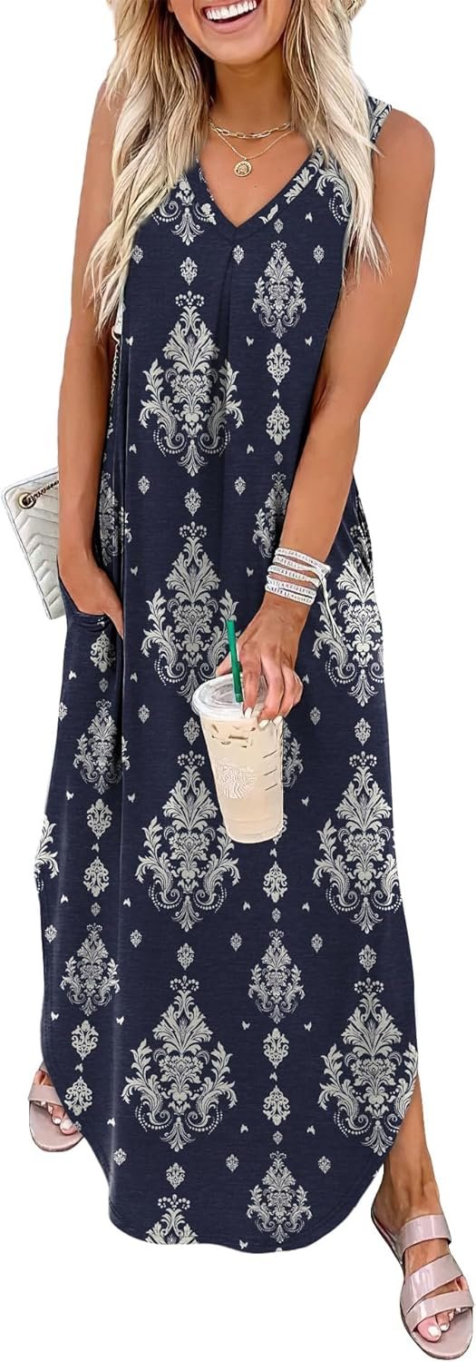 OFEEFAN Maxi Dresses for Women 2026 Loose V Neck Sleeveless Casual Beach Vacation Dress Side Slit Sundresses with Pockets