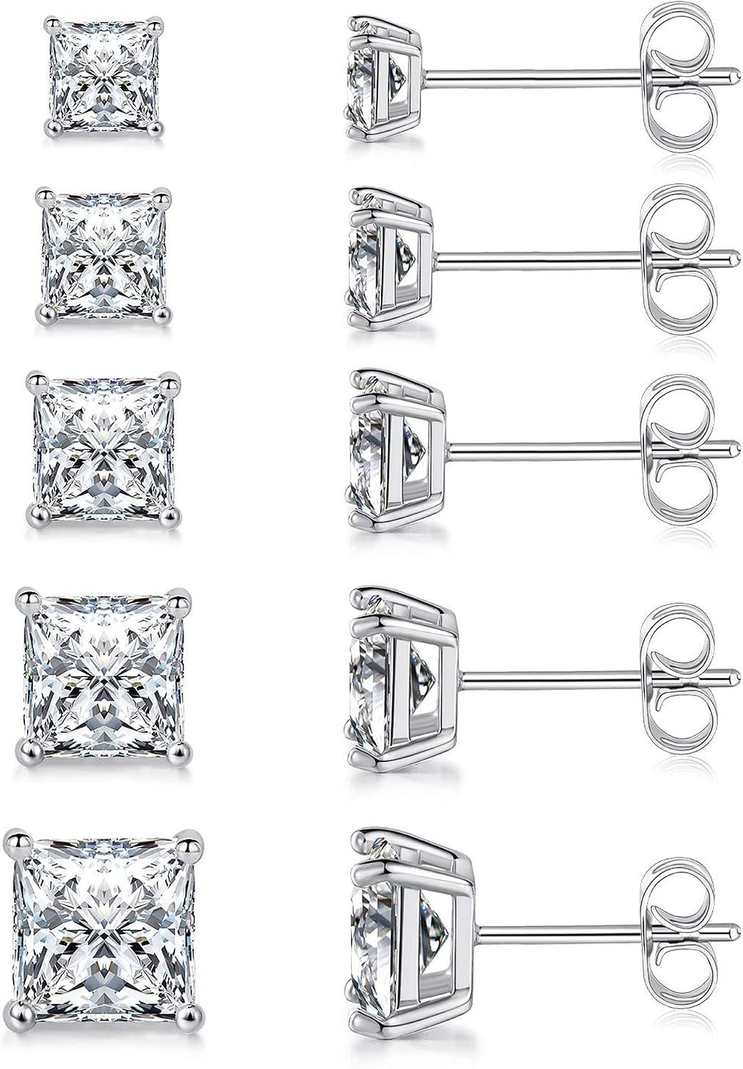 MDFUN 5 Pairs Square Earrings Set for Women Hypoallergenic 18K White Gold/Yellow Gold/Rose Gold Plated Princess Cut Clear Cubic Zirconia Stud Earring 3-7MM Pack of 5