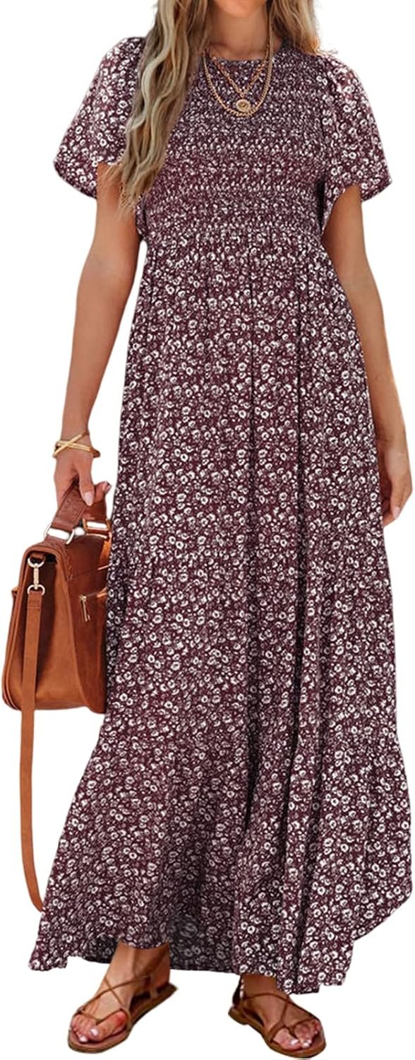 PRETTYGARDEN Women’s 2026 Summer Casual Flutter Short Sleeve Boho Floral Maxi Dress Crew Neck Smocked Tiered Long Dresses