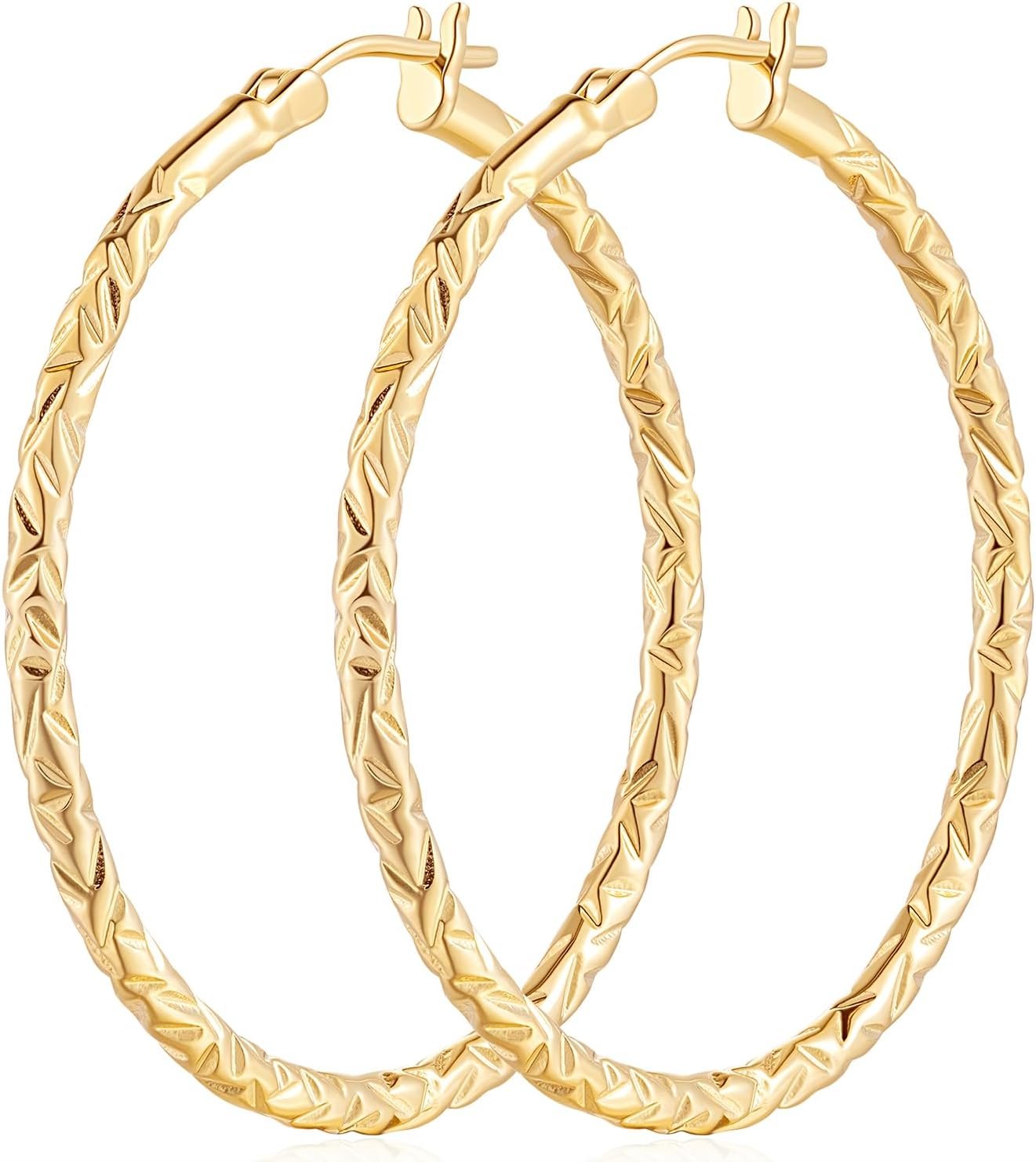 Gold Hoop Earrings 14K Gold Hoop Earrings for Women Large 14K Gold Earrings Hoop Earrings Hoops Interlaced Engraving Design Gold Earrings for Women 35/40mm