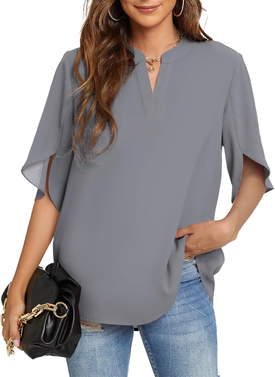 Funlingo Women’s Summer Tops Short Sleeve Casual Shirts V Neck Chiffon Dressy Blouse Tops
