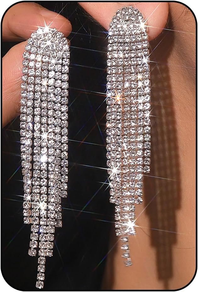 Silver Prom Earrings for Women Rhinestone Tassel Earring Sparkly Long Crystal Cz Drop Earrings Wedding Party Prom Earring Bow Rhinestone earring Party Jewelry Gifts for Women