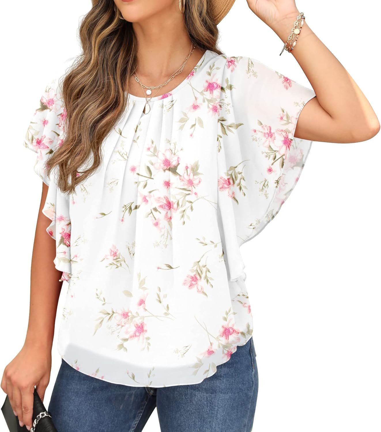 QIXING Summer Casual Loose Round Neck Chiffon Flowy Tops Blouses for Women