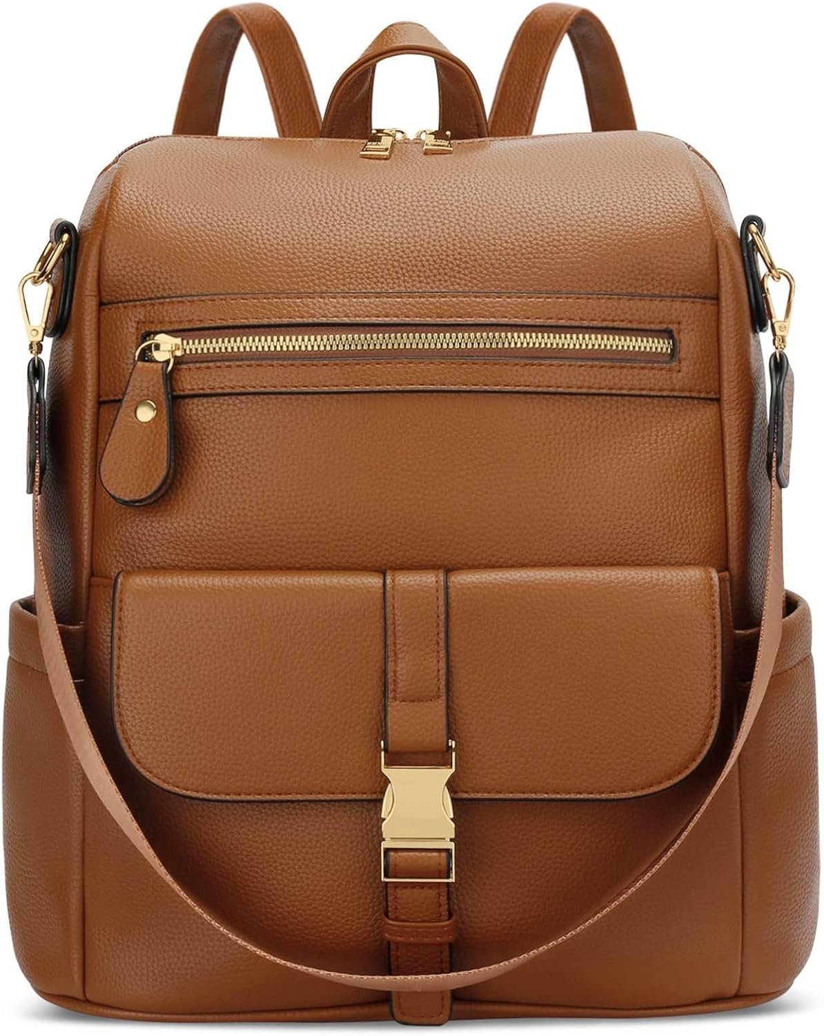 KKXIU Backpack Purse for Women – Multi-pocket Leather backpack for Travel, Work & School with Anti-Theft Lock Pocket, Luggage Strap & Water Bottle Pockets – 13x14x5.2 Inch, 1.67lb (Brown)