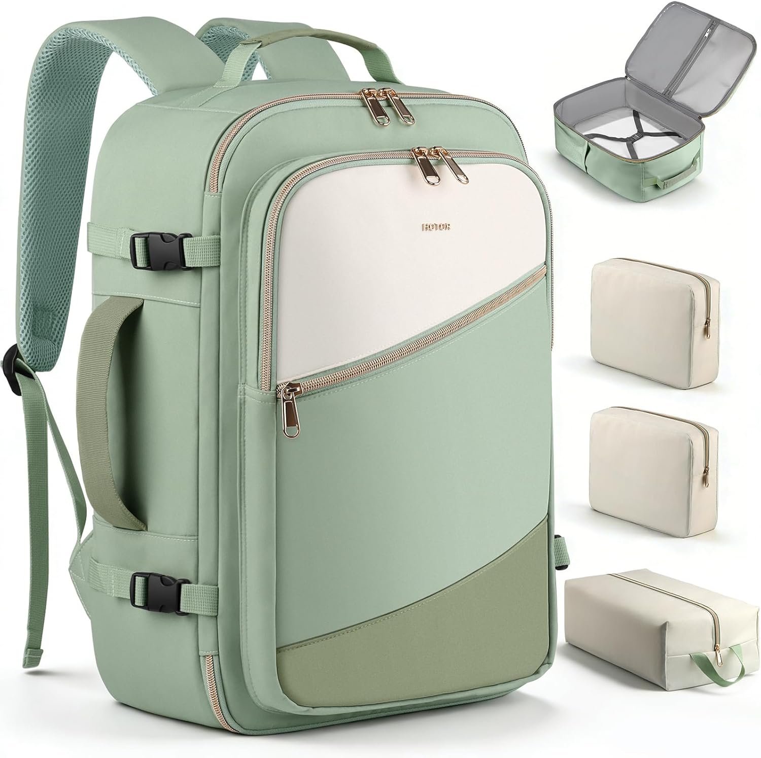 HOTOR Travel Backpack for Women – TSA-Friendly Travel Bag with Multiple Compartments & 3 Packing Cubes, Water-Resistant & Comfortable, Perfect for Travel Essentials, Green, 17.3″ x 13.0″ x 7.9″