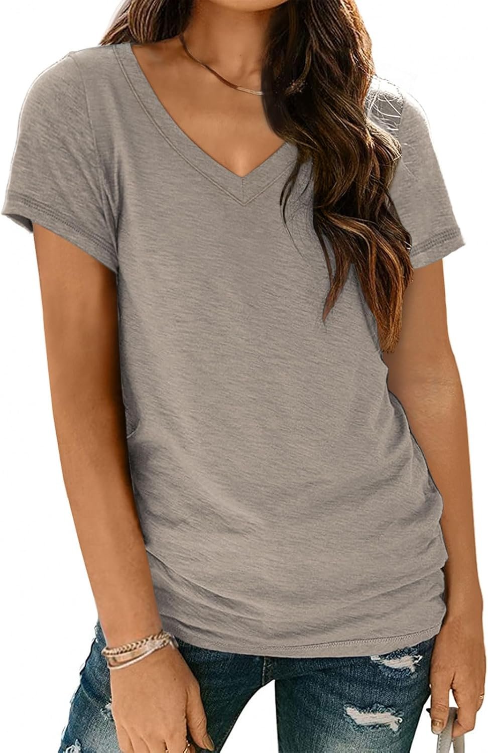 AUTOMET Short Sleeve T-Shirts V Neck Summer Tops for Women Basic Tees 2026