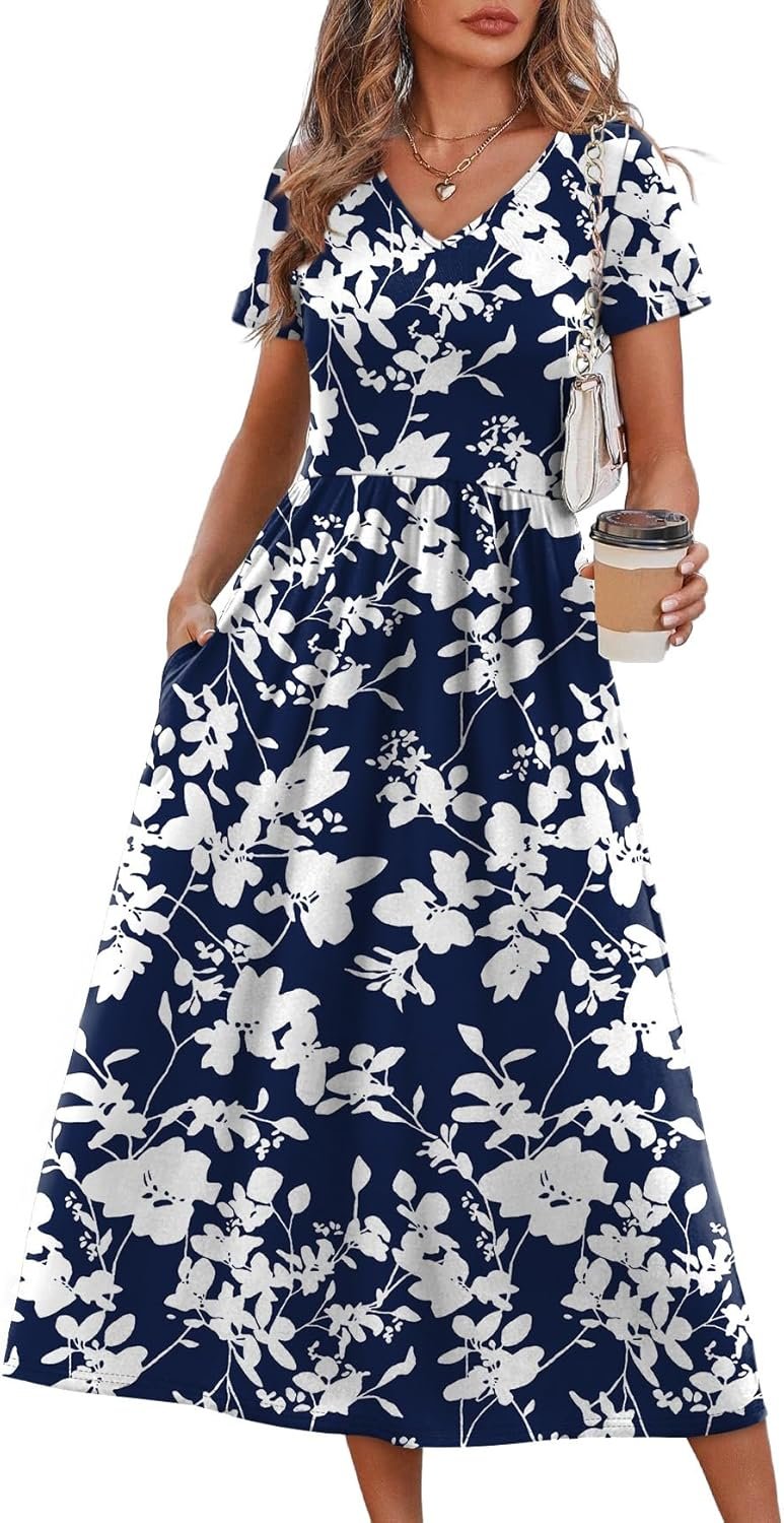 OFEEFAN Summer Dresses for Women Flowy Casual A-Line Midi Dress Beach Vacation Sundresses with Pockets S-2XL