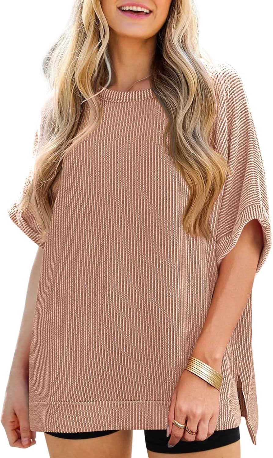Tankaneo Womens Oversized T Shirts Summer Casual Ribbed Batwing Short Sleeve Tunic Tops Loose Fit Dolman Sleeve Tees