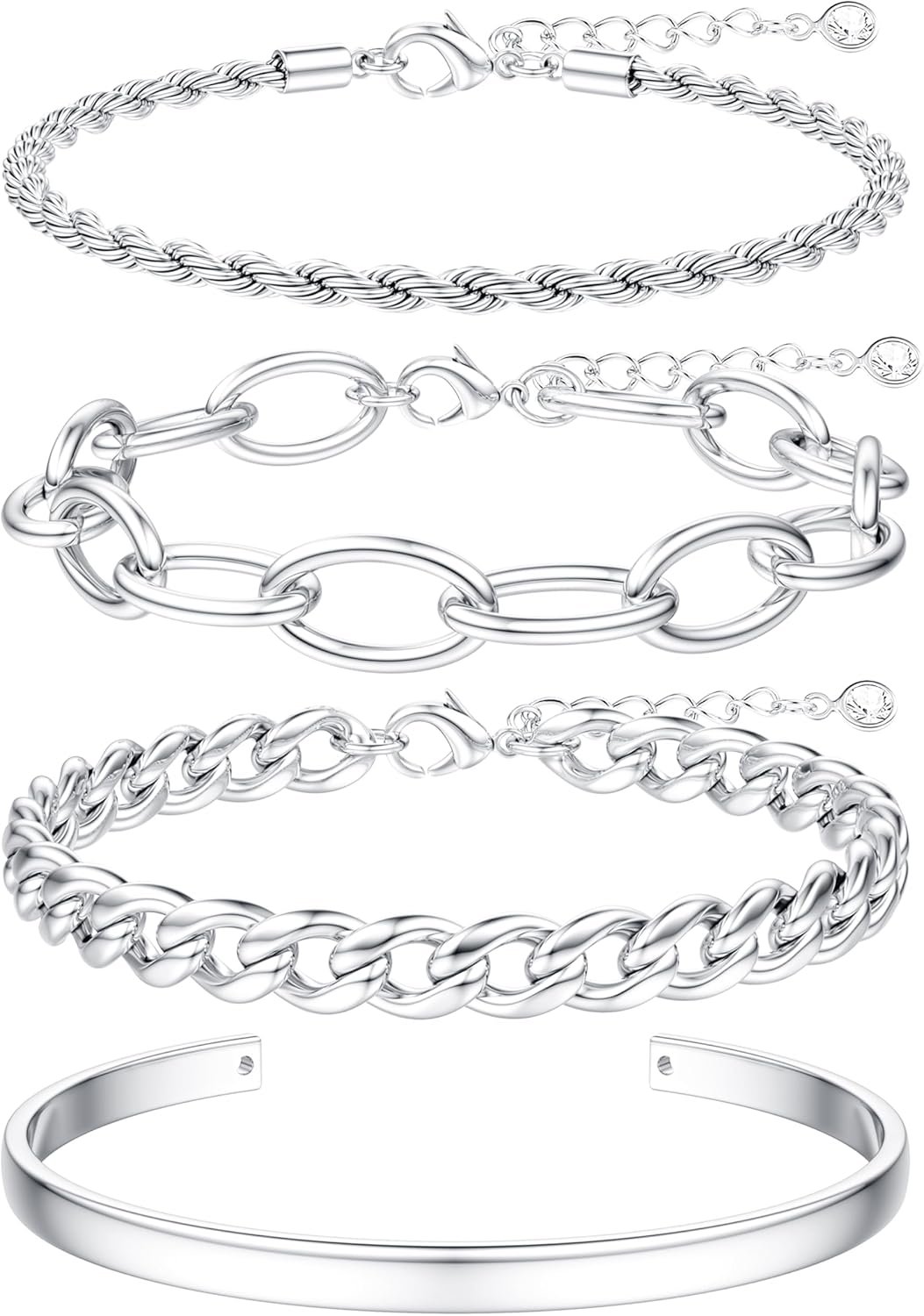 TEN MIRO Chunky Silver Plated Braceletss for Women Non Tarnish, Womens Silver Plated Bracelets Stack Layered Chunky Chain Bracelets Waterproof Bangle Cuff Bracelet Mothers’ Day Jewelry Gifts