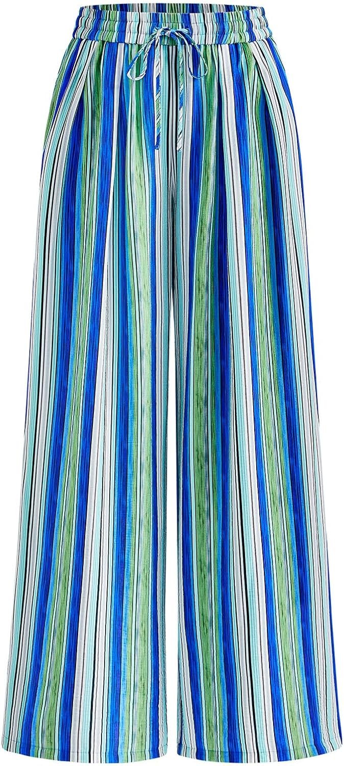 PRETTYGARDEN Womens Pants Elastic Waist Floral Lightweight Palazzo Pants for Women Casual Lounge Wide Leg Pants Woman