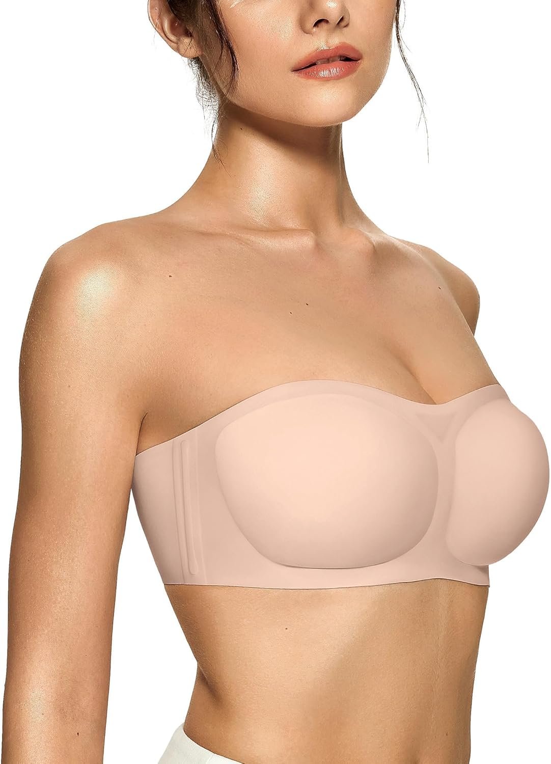 OEAK Womens Strapless Bras Jelly Push Up Bandeau Bra Non Slip Wireless Supportive Seamless Padded Bras Comfortable Tube Bra Skin Large