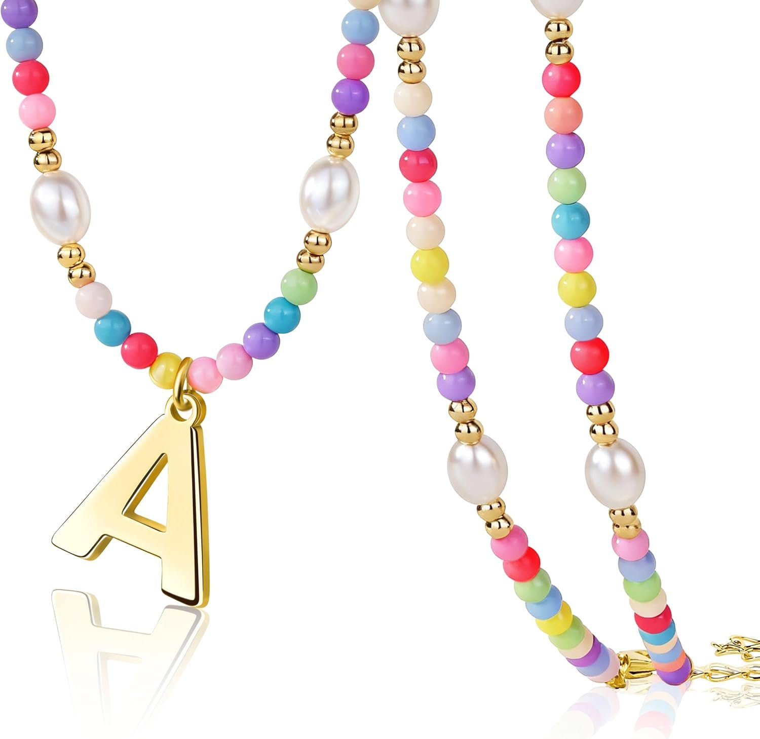 Initial Necklace for Teen Little Girls Kids Women Bulk, Toddler Colorful Beaded Pearl Choker with Letter Pendant, Cute Personalized Jewelry Gift for Easter, Party, Birthday