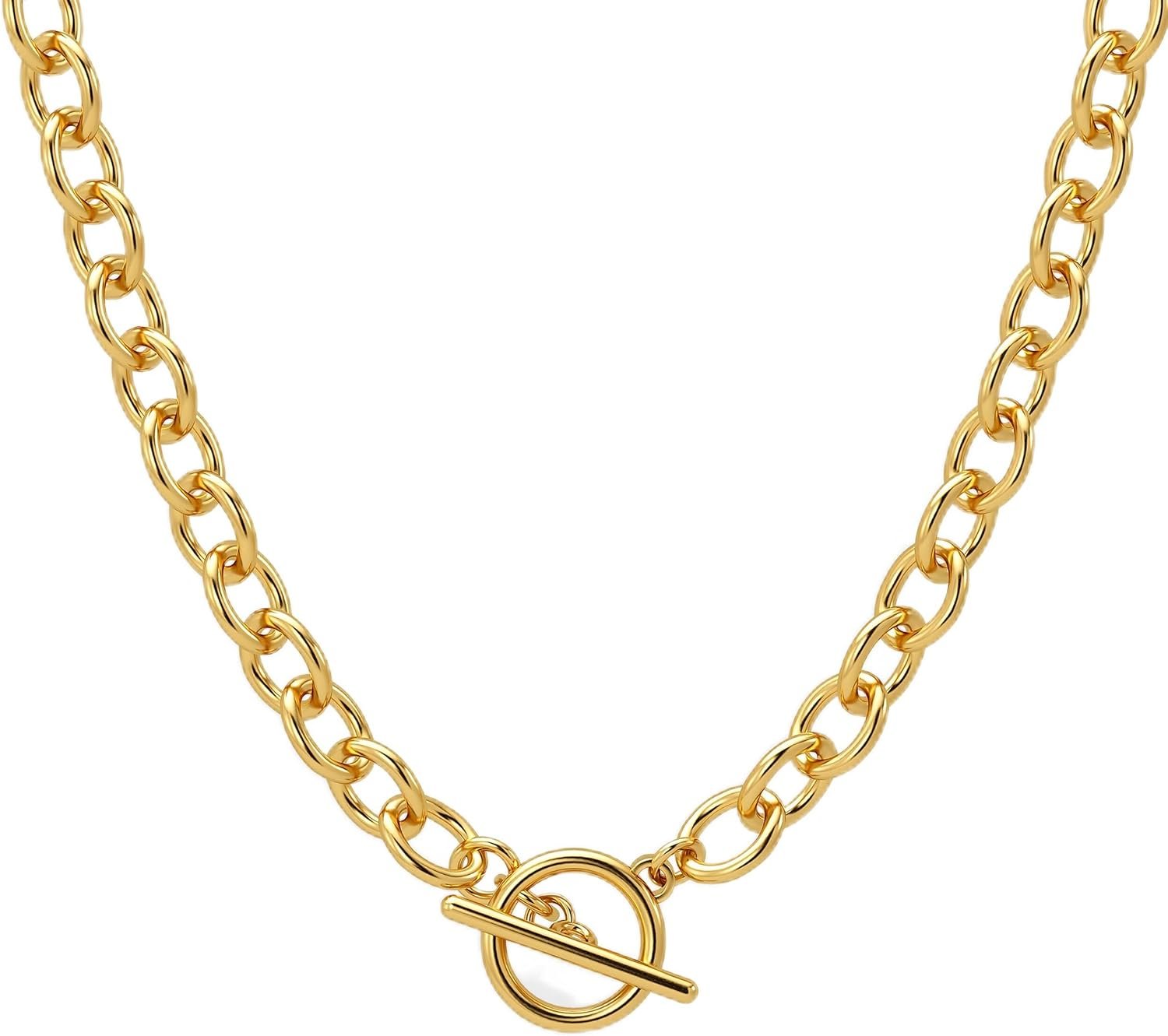 CHESKY 14K Gold Plated Chunky Necklace for Women, Trendy Paperclip Choker Necklace Statement Cross Necklace Layered Cuban Chain Toggle Clasp Necklaces Simple Non Tarnish Everyday Jewelry