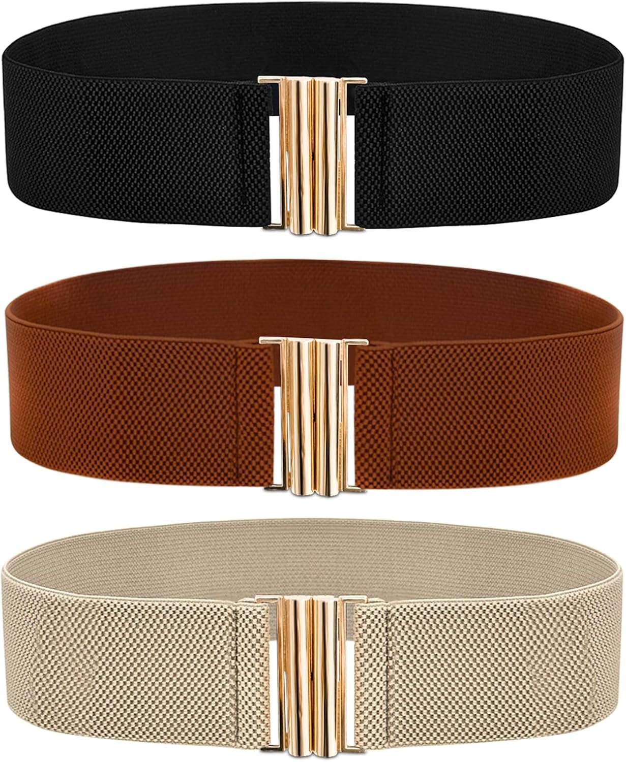 3 PCS Wide Stretchy Belt for Women Vintage Elastic Belts for Dresses Stretch Waist Belt with Golden Buckle Black Khaki Brown