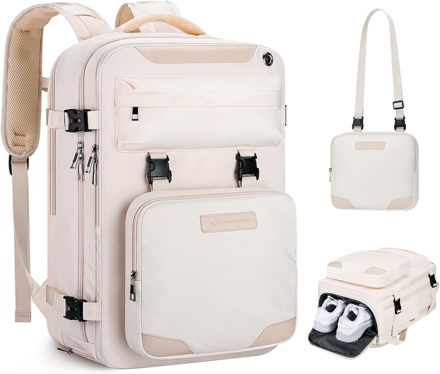Maelstrom Travel Backpack for Women Men,30L Waterproof Laptop Backpack Fits 17-Inch Laptop, Gift for School Work Backpack with Detachable Crossbody Bag & Shoe Compartment(Beige, Large-Upgrade)