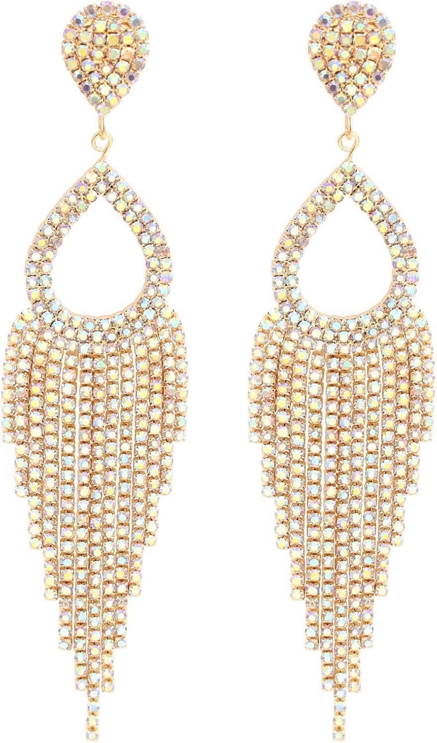 BaubleStar Rhinestone Teardrop with Long Tassel Earrings Sparkly Dangle Earrings for Women