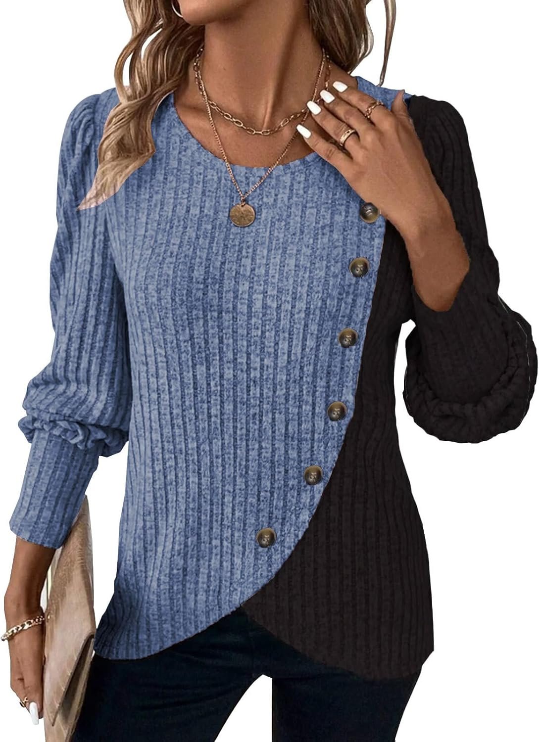 MixShe Womens Knit Sweaters 2026 Fall Winter Casual Long Sleeve Ribbed Colorblock Button Pullover Tops