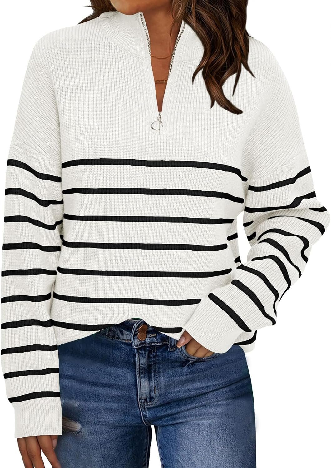 LILLUSORY Women’s Quarter Zip Striped Oversized Sweater 2026 Mock Turtleneck Fall Fashion Outfit