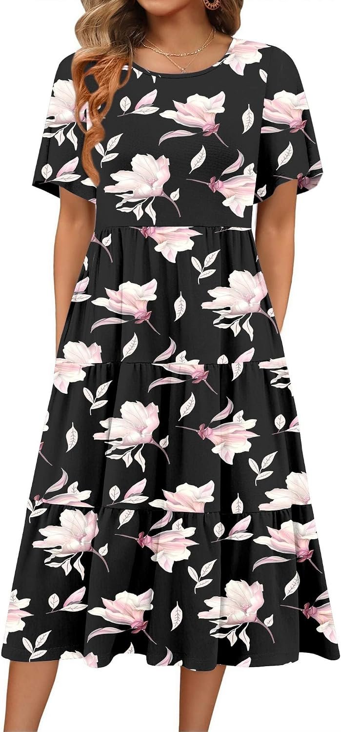 Zeagoo Women’s Summer Dress Midi Floral Flutter Short Sleeve Casual Dresses with Pockets Tiered Flowy Boho Beach Dress