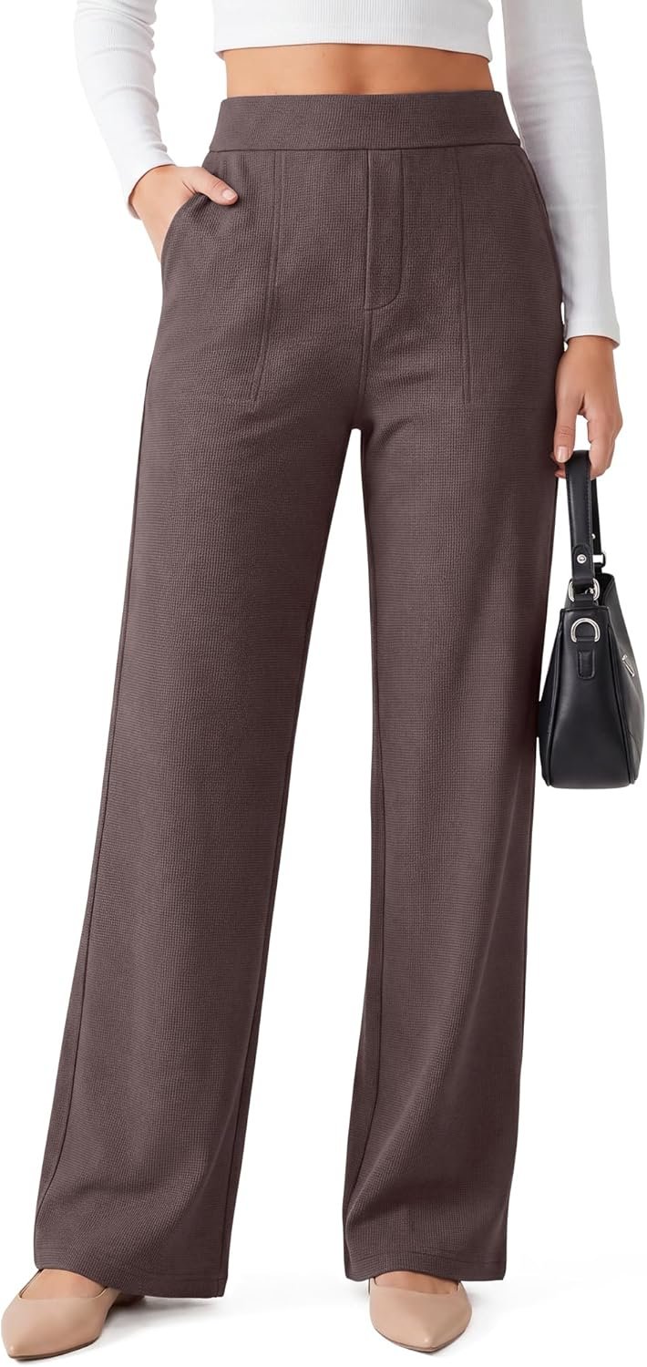 G4Free Waffle Wide Leg Dress Pants for Women – Pull On Work Pants High Waisted Stretchy Trousers
