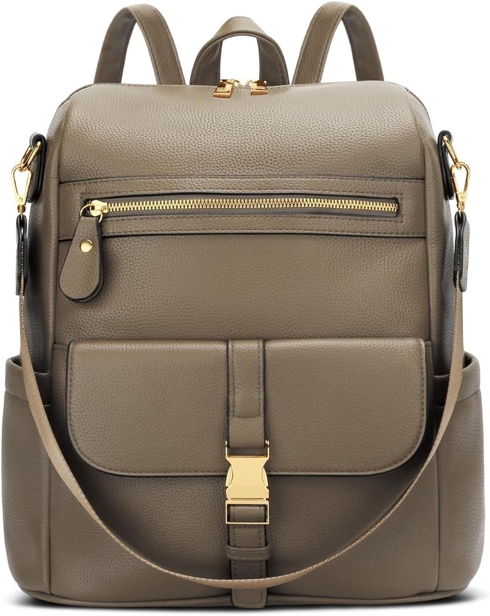 KKXIU Backpack Purse for Women – Multi-pocket Leather backpack for Travel, Work & School with Anti-Theft Lock Pocket, Luggage Strap & Water Bottle Pockets – 13x14x5.2 Inch, 1.67lb (Khaki)