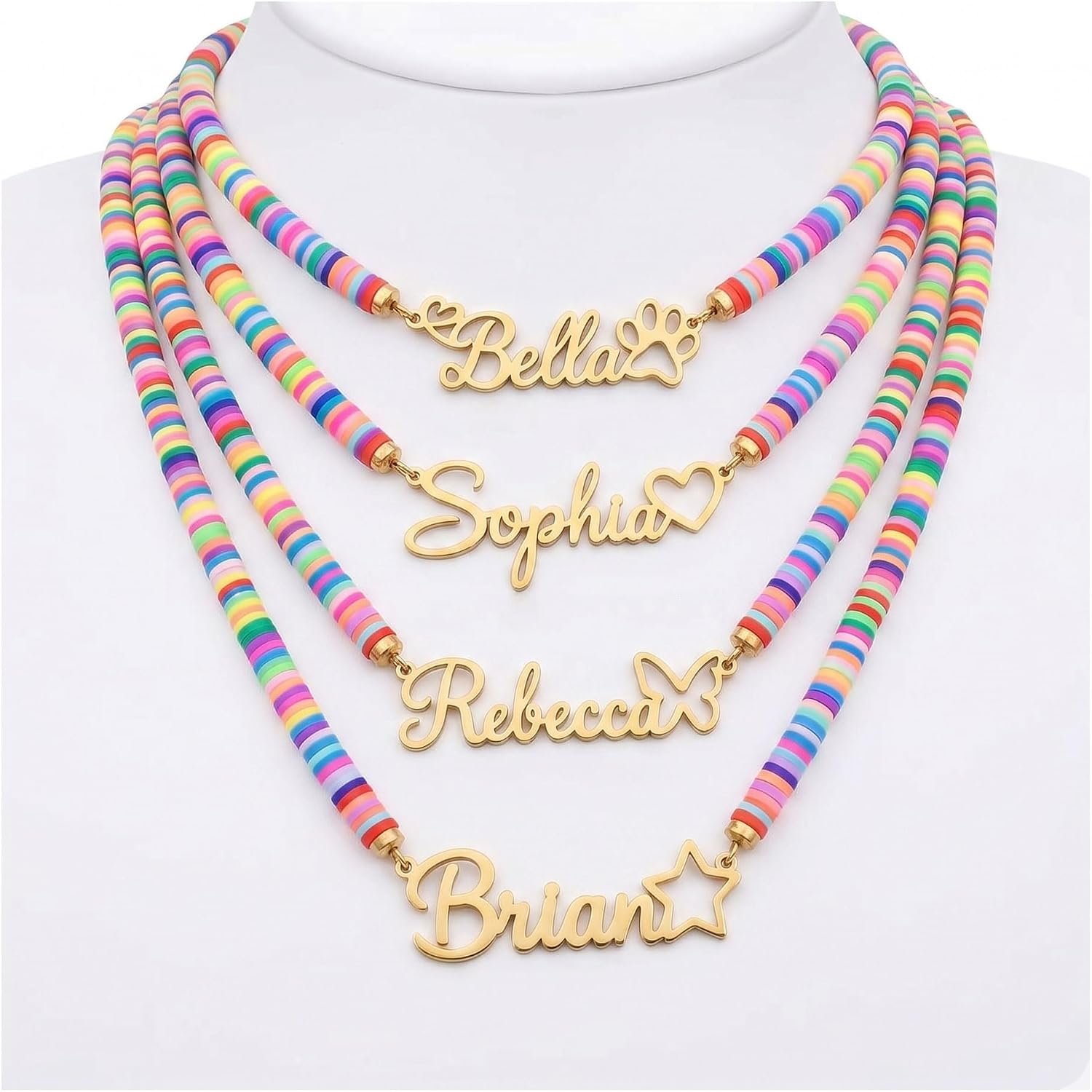 Personalized Name Necklace with Rainbow Soft Clay Chain, Adorned with Stars, Customized Jewelry Gift for Girls and Boys