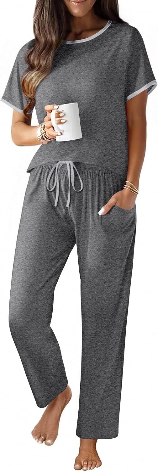 Ekouaer 100% Cotton Pajama for Women Short Sleeve Pj Top With Long Pants 2 Piece Lounge Set with Pocket