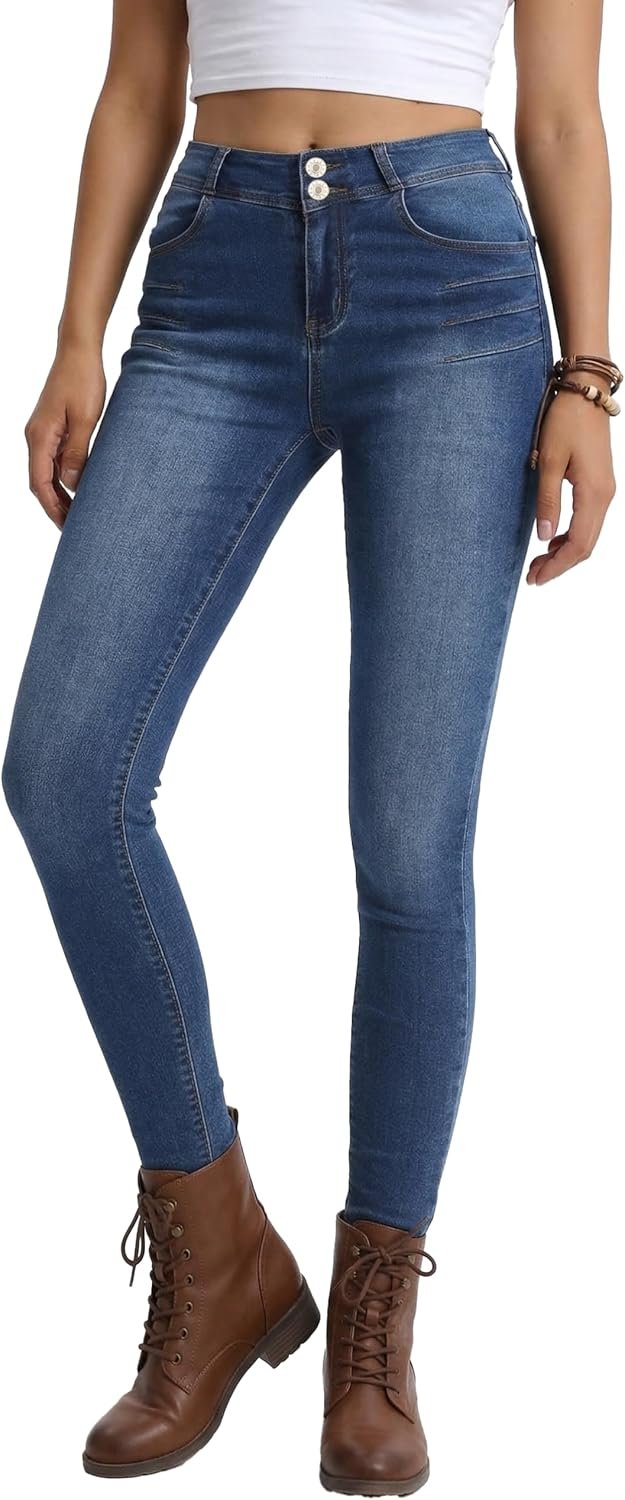 Women’s Skinny Jeans High Waisted Stretch Blue Wash, Double Button Closure Denim Pants