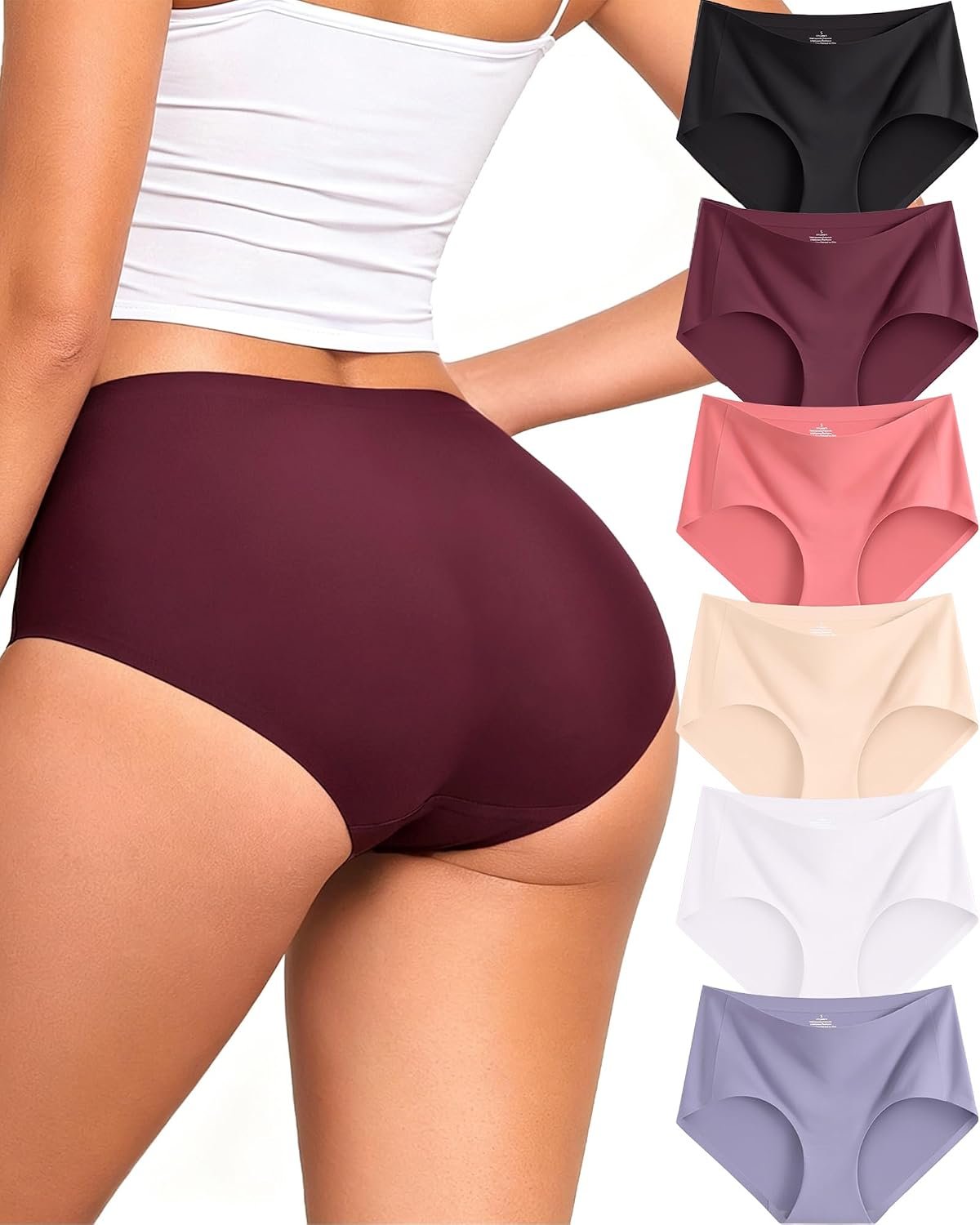 FINETOO 6 Pack Womens Seamless Underwear Full Coverage No Show Hipster Panties Sexy Stretchy Invisible Briefs Bikini Lingerie