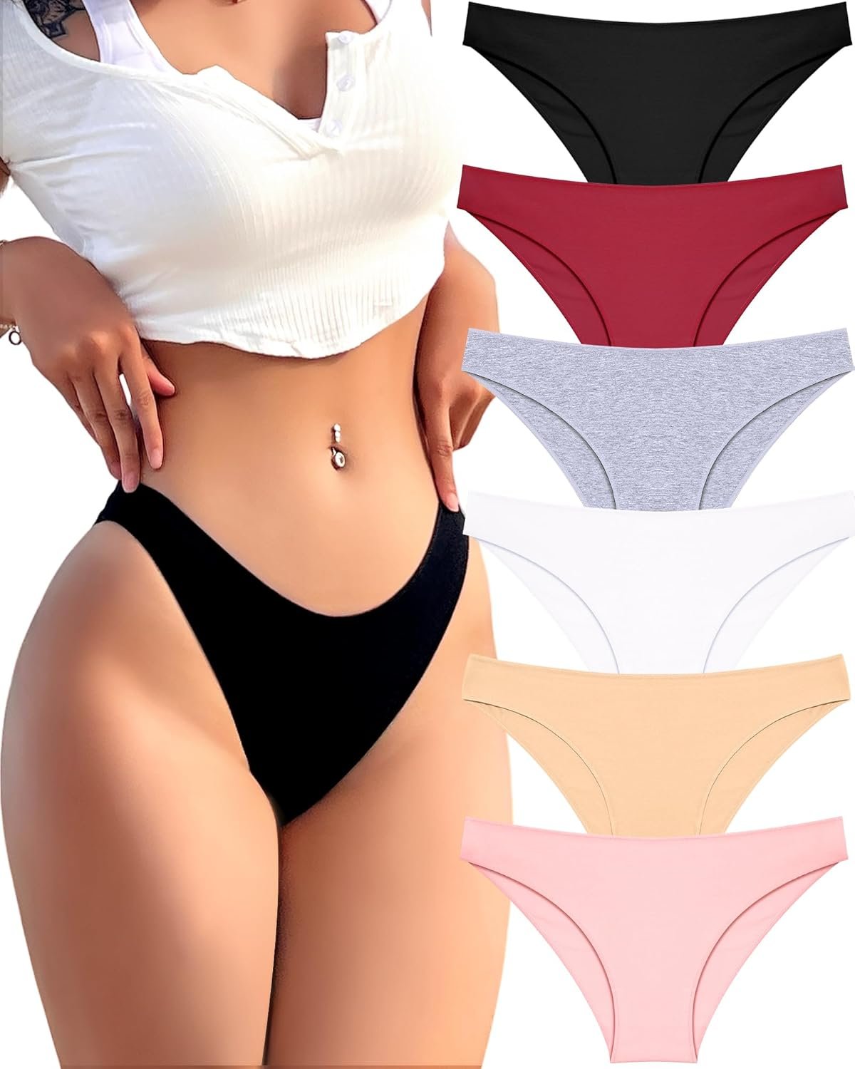FINETOO 6 Pack Cotton Underwear for Women Cute Low Rise Bikini Panties High Cut Breathable Sexy Hipster Womens Cheeky S-3XL