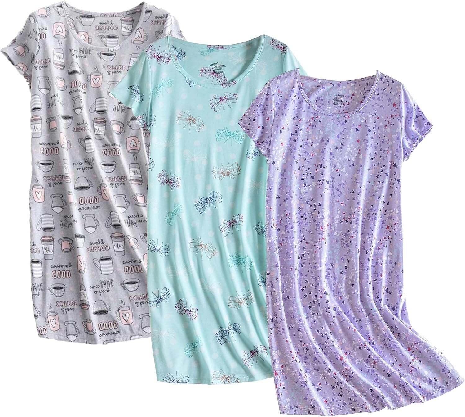 Inadays 3 Pack Women’s Cotton Nightgown Sleepwear Short Sleeves Nightshirt Fun Print Sleepdress Loose Comfy Sleepshirts